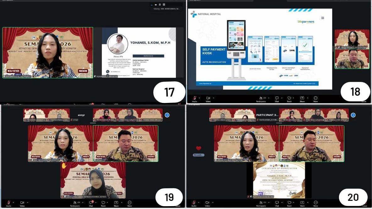 Keterangan : Gambar 17 Pembacaan CV Narasumber Kedua, Gambar 18  Penyampaian Materi oleh Narasumber Kedua yaitu Bapak Yohanes, S.Kom., M.P.H., Gambar 19 Sesi Tanya Jawab, Gambar 20 Penyerahan sertifikat Kepada Narasumber Kedua dan Sesi Dokumentasi